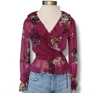 New Mode women's wine/ burgundy floral sheer longsleeves top size medium